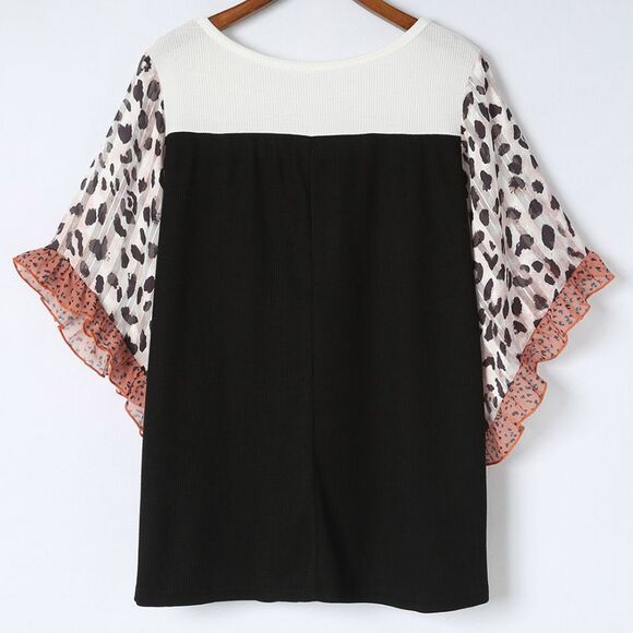 Blouse Women Boutique Colorblock Contrast Panel Flowy Leopard Ruffle Cuff Sleeve - Picture 4 of 16